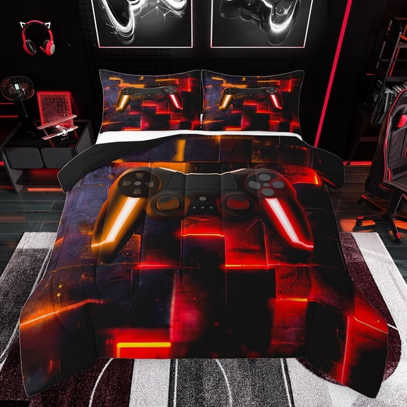 jejeloiu Modern Console Game Bedding Comforter Set,Cartoon Gamepad Twin Comforter Sets,Red Orange Black Bedding Set For Boys Teens,Super Cozy Room Decor Reversible,2pcs