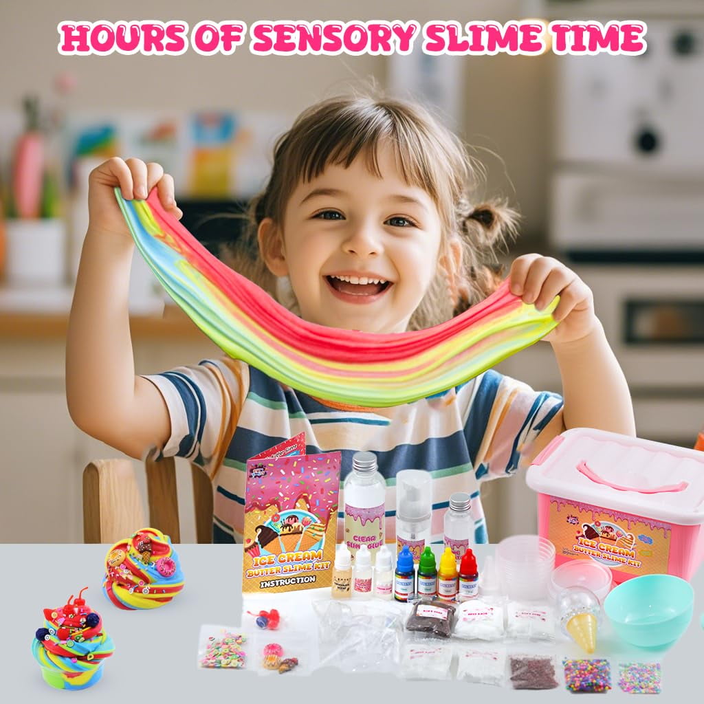 Slime Kit for Girls Ages 8-12 Mini Fluffy Butter Slime Making Kit Ice Cream Slime for Kids DIY Craft Kits with 30+ Piece Birthday Gifts