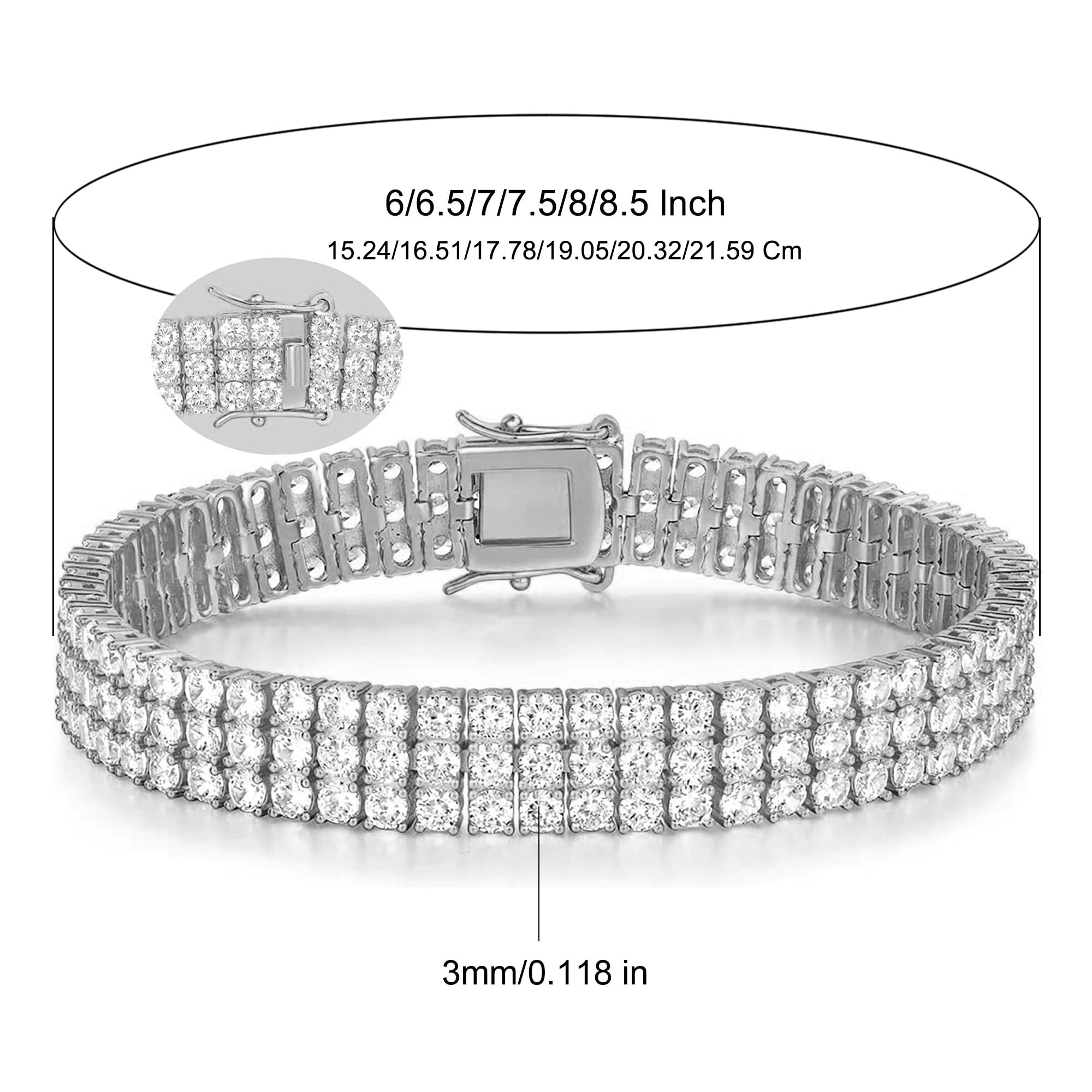 GEMSME Tennis Bracelets for Women Men 18K White Gold Plated 3 Row 3.0 mm Round Cubic Zirconia Tennis Bracelet Iced Out Hip Hop Bracelet 8.5 Inches