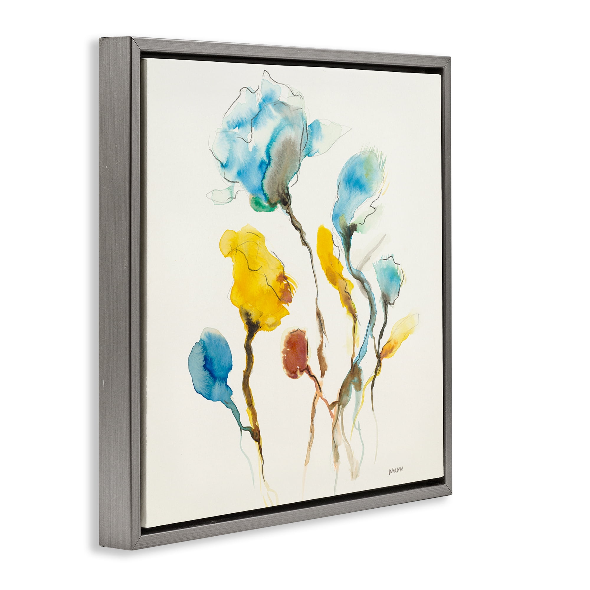 Stupell Industries Modern Watercolor Blooms Abstract Painting Gray Floater Framed Canvas Art Print Wall Art, 18 x 18
