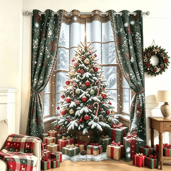 Nanqianyi Vintage Green Christmas Window Scene Blackout Curtains,Set of 2,42x63inch,Thermal Insulated Grommet Drapes