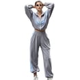 thumbnail image 1 of Conjunto Deportivo de Dos Piezas para Mujer: Sudadera con Cremallera, Pantalones de Chándal Anchos A Rayas en Contraste, Chándal de Viaje. Gris XL, 1 of 7