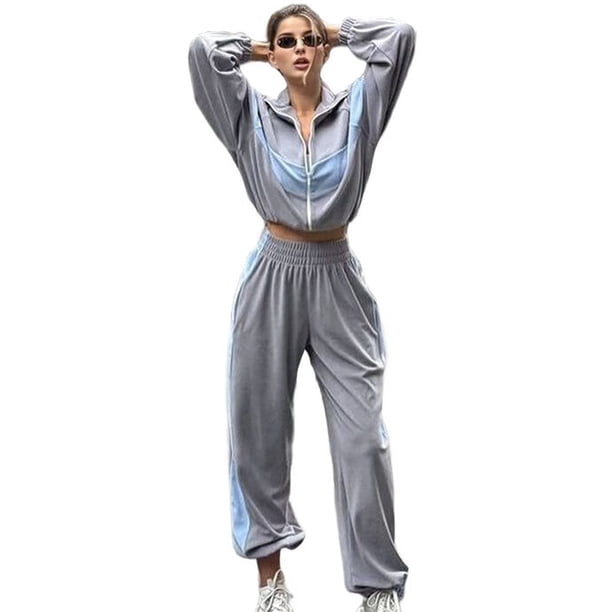 Conjunto Deportivo de Dos Piezas para Mujer: Sudadera con Cremallera, Pantalones de Chándal Anchos A Rayas en Contraste, Chándal de Viaje. Gris L