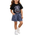 thumbnail image 2 of SGFCWSX Girls 2 Piece Outfits Summer Graphic Short Sleeve T Shirt Elastic Waist Denim Shorts Set for Kids Black Size 3T, 2 of 6