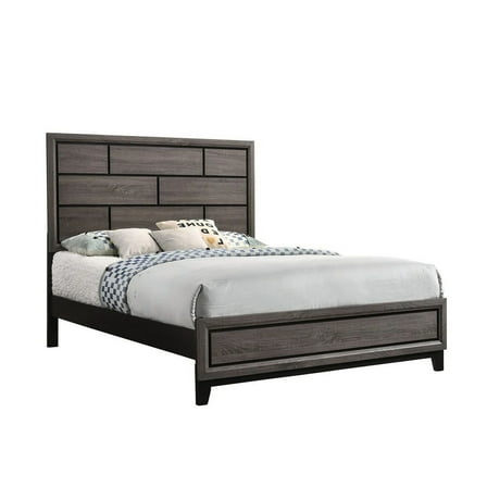 Benjara Asir Twin Size Bed, Geometric Panel Headboard, Modern Gray Wood Finish