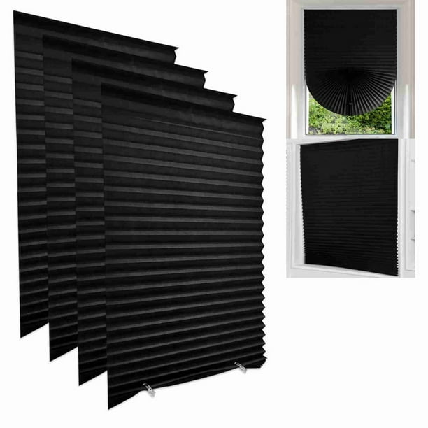 Paquete de 4 persianas opacas temporales de papel para ventanas, plisadas con adhesivo, sin herramientas, sin taladros, de tamaño libre (negro, 61 cm de ancho x 152 cm de largo)