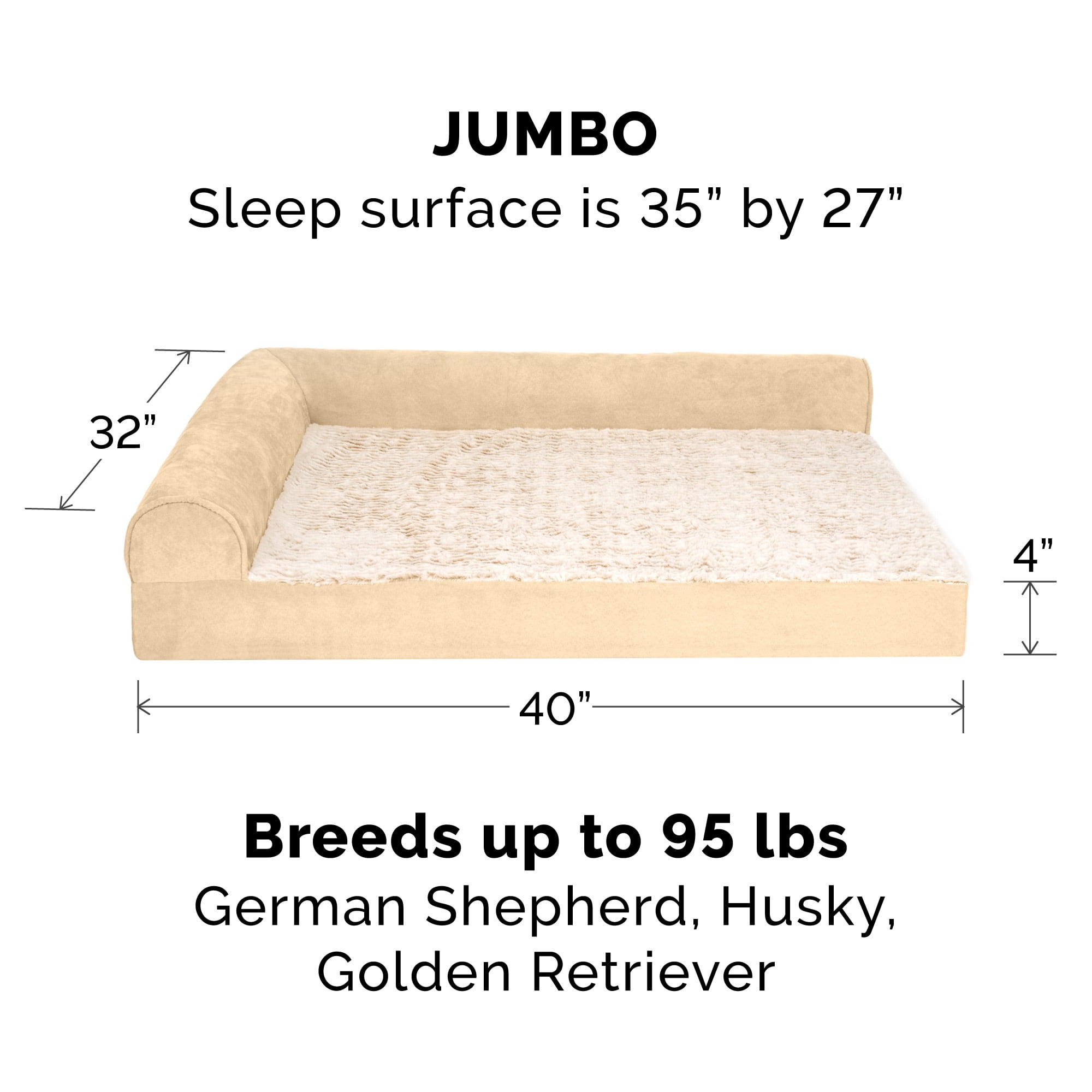 FurHaven Embossed Faux Fur & Suede Orthopedic Deluxe L-Chaise Pet Bed for Dogs & Cats - Taupe, Large