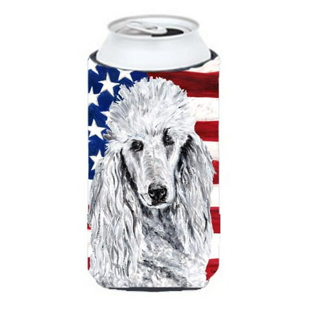 

White Standard Poodle With American Flag Usa Tall Boy bottle sleeve Hugger 22 To 24 Oz.