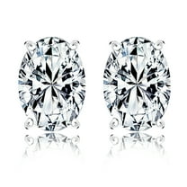 JeenMata 3 Carat Oval Cut Moissanite Solitaire Stud Earrings - 4 Prong - In 18K White Gold Plating Over Silver