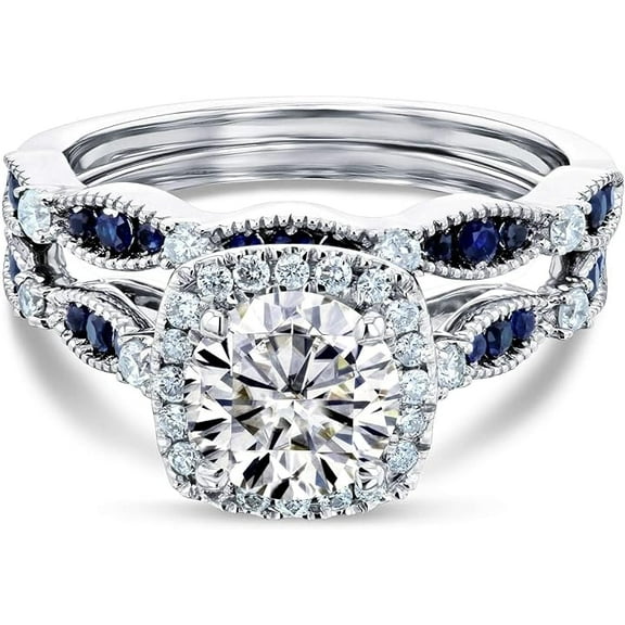 Dreamofdazzles Jewels 925 Sterling Silver 3.10 Ct Round Cut Diamond & Blue Sapphire Wedding Engagement Bridal Ring Set 14K White Gold Plated For Women's -5