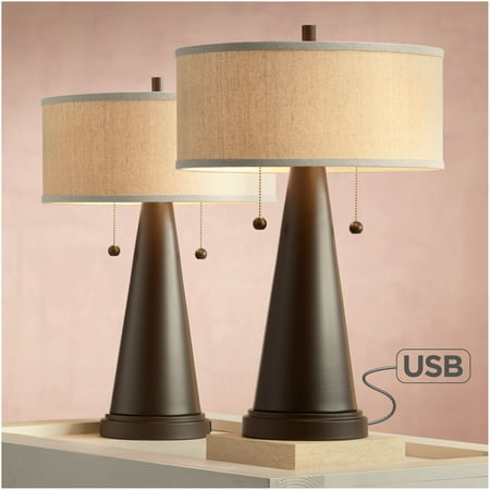 Franklin Iron Works Mid Century Modern Accent Table Lamps Set of 2 with Hotel Style USB Port Bronze Metal Natural Linen Drum Shade for