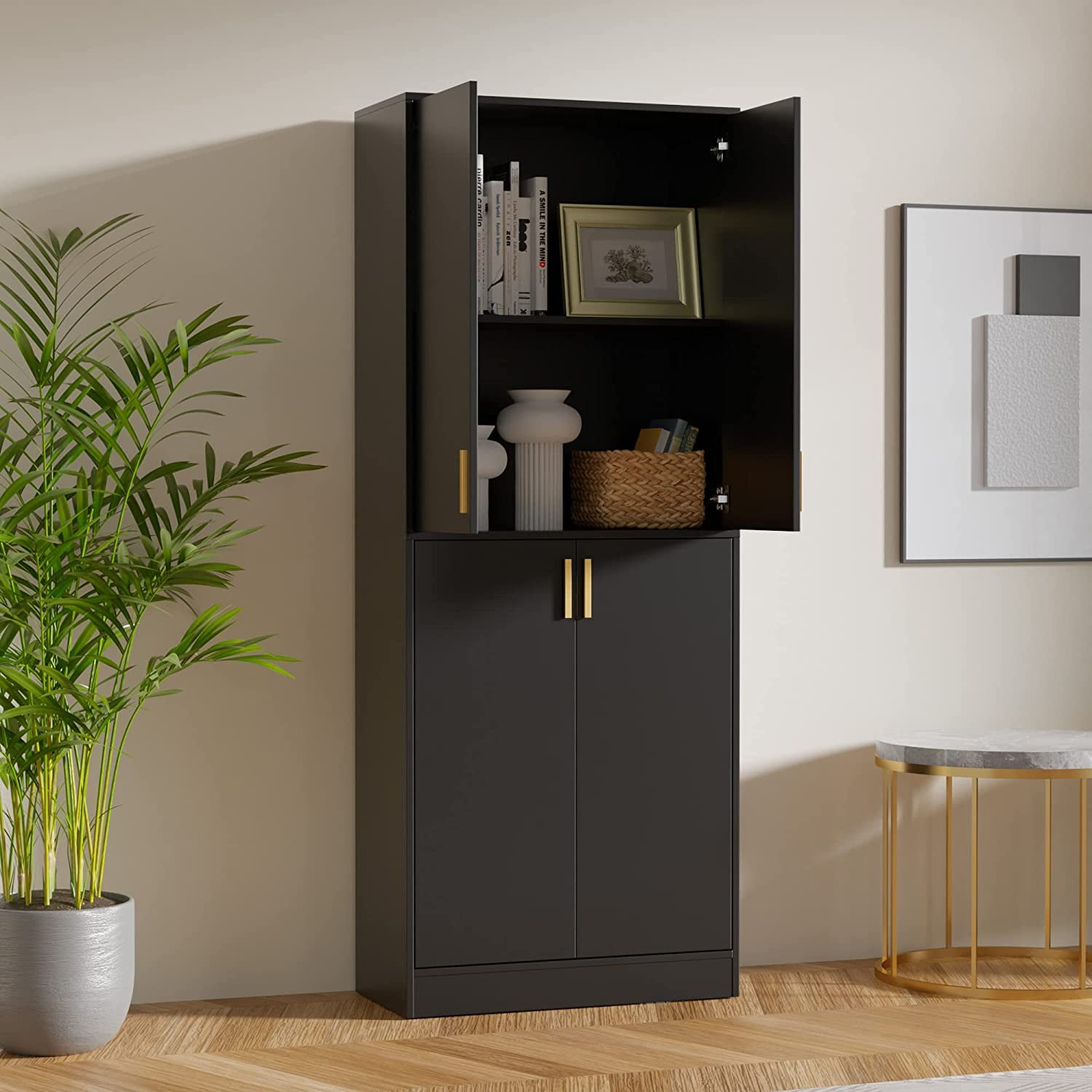 Cozy Castle Kitchen Pantry Storage Cabinet 71" Tall 4 Doors Wood Freestanding Cupboard with 2 Adjustable Shelves for Dining Room Living Room, Laundry, Bathroom, Oak