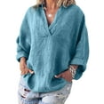 thumbnail image 1 of MAWCLOS Women Blouse V Neck Shirts Long Sleeve Tops Loose Beach Solid Color Pullover Blue L, 1 of 2