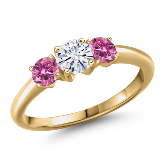 Gem Stone King 18K Yellow Gold Plated Silver White Moissanite and Pink Moissanite Engagement Ring for Women | 0.96 Cttw | Round 5MM | Gemstone Birthstone | Size 9