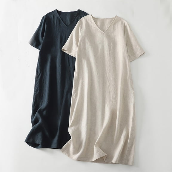 RongHuan Women's Summer T Shirt Dress Casual V Neck Linen Dress Short Sleeve Boho Flowy Sun Dresses