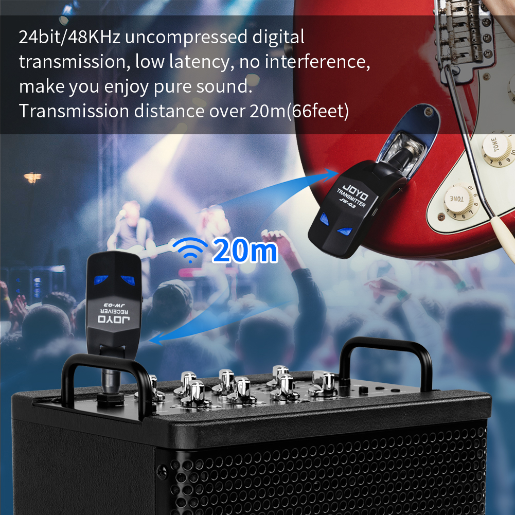 JOYO JW-03 Rugged ABS Wireless Guitar Transmitter Receiver System, 2.4GHz 4 Channels Rechargeable, 220° Rotatable Plug for Live Performance