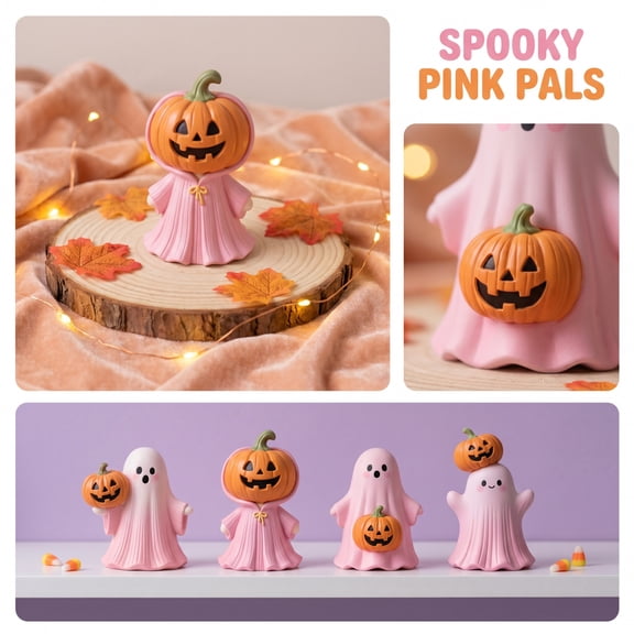 Fall and Halloween Decor, Cute Halloween Decor, Pink Ghost Decor, Pastel Halloween Decor, 5X3 Inch Smiling Jack-O'-Lantern Pumpkin Head Pink Hooded Ghost Resin Ornament, Halloween