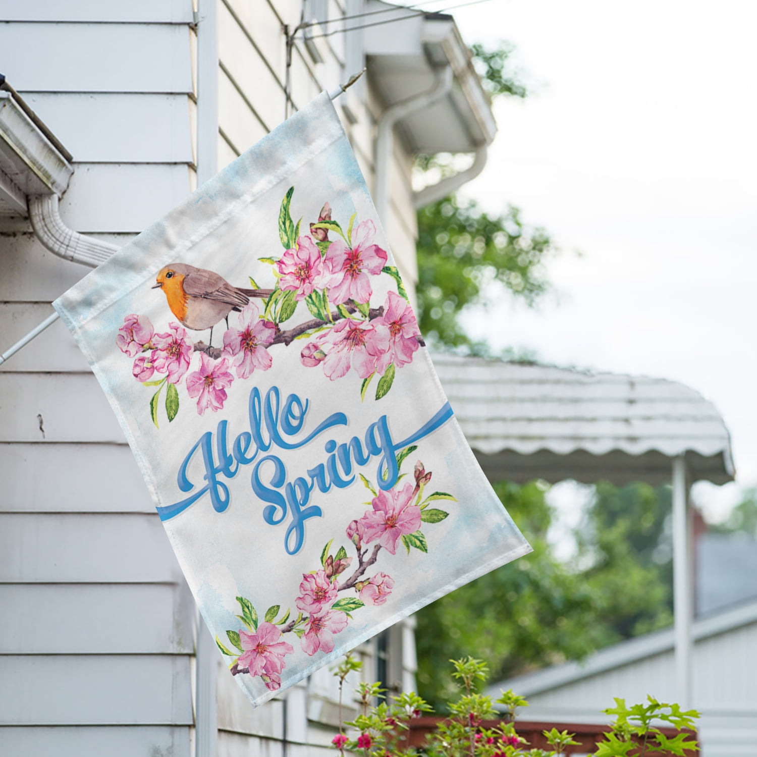 America Forever Hello Spring Tweet House Flag, 28 x 40 inch Double Sided, Seasonal Banner, Robin Cherry Blossoms Flowers Outdoor Decor, Garden Yard Flag