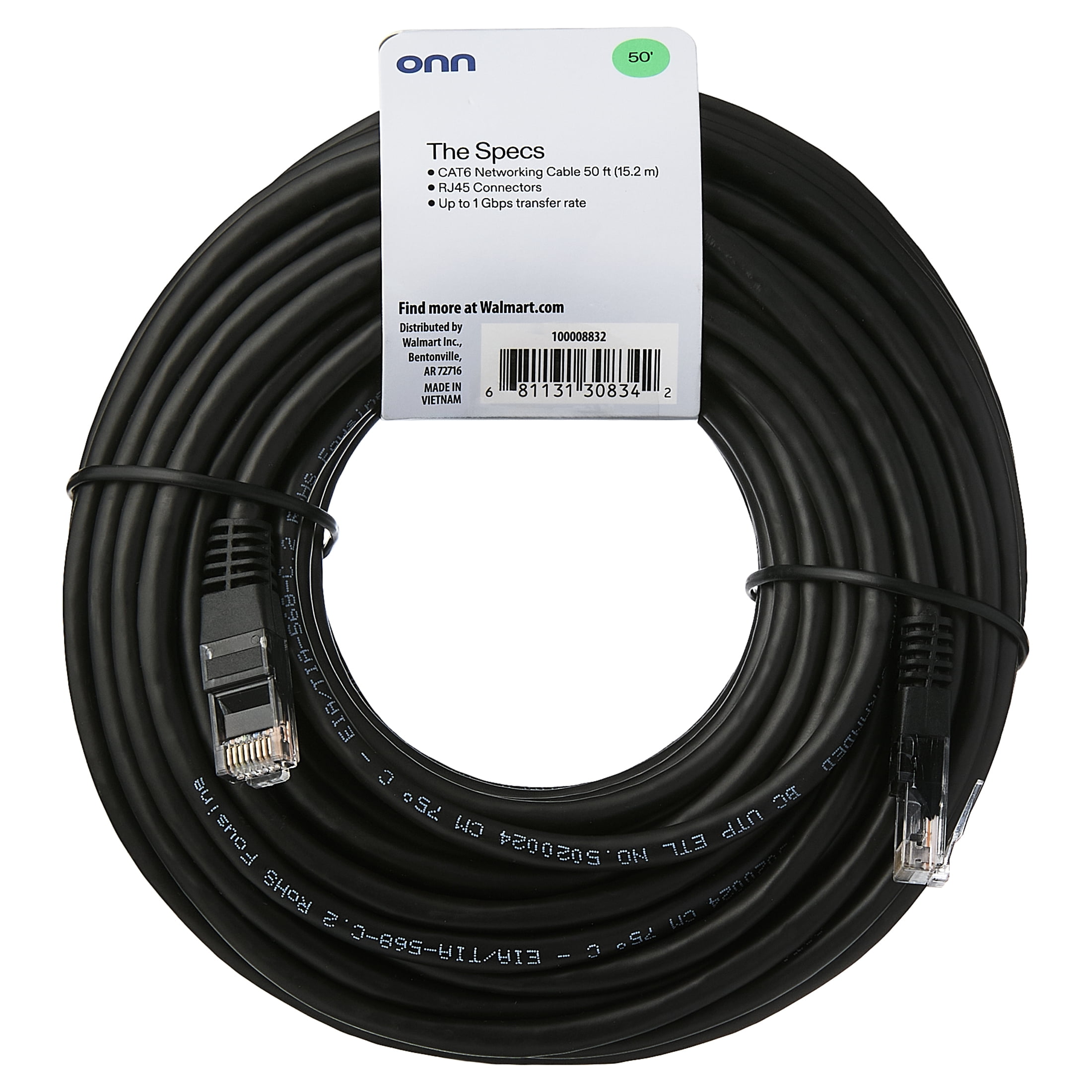 onn 50' CAT6 Networking Cable, Black