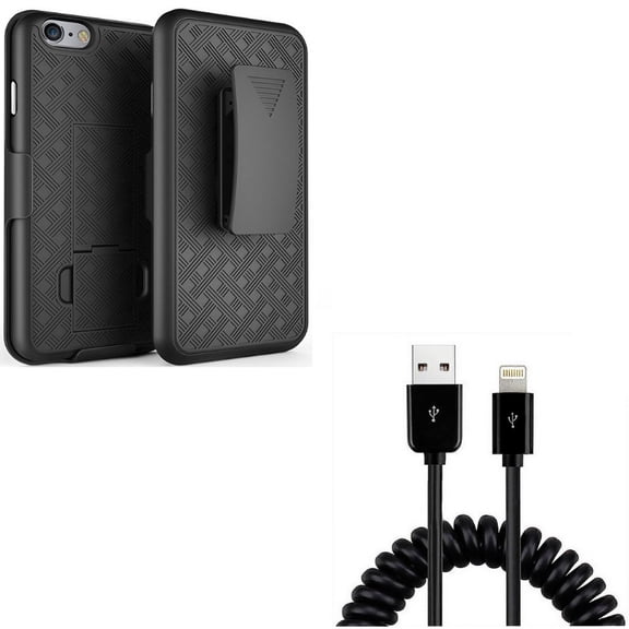 USB Cable w Case Belt Clip for iPhone 8/7 - Coiled Charger Cord Power Sync, Holster Swivel Cover Kickstand Armor for iPhone 8/7 Models