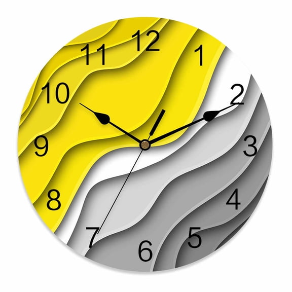 Wall Clock 14 Inch Yellow Gray Beach Coastal Round Silent Decorative Wall Clocks Battery Operated for Living Room Bedroom Kitchen Classroom Decor, Abstract Geometric Ocean Waves,Large
