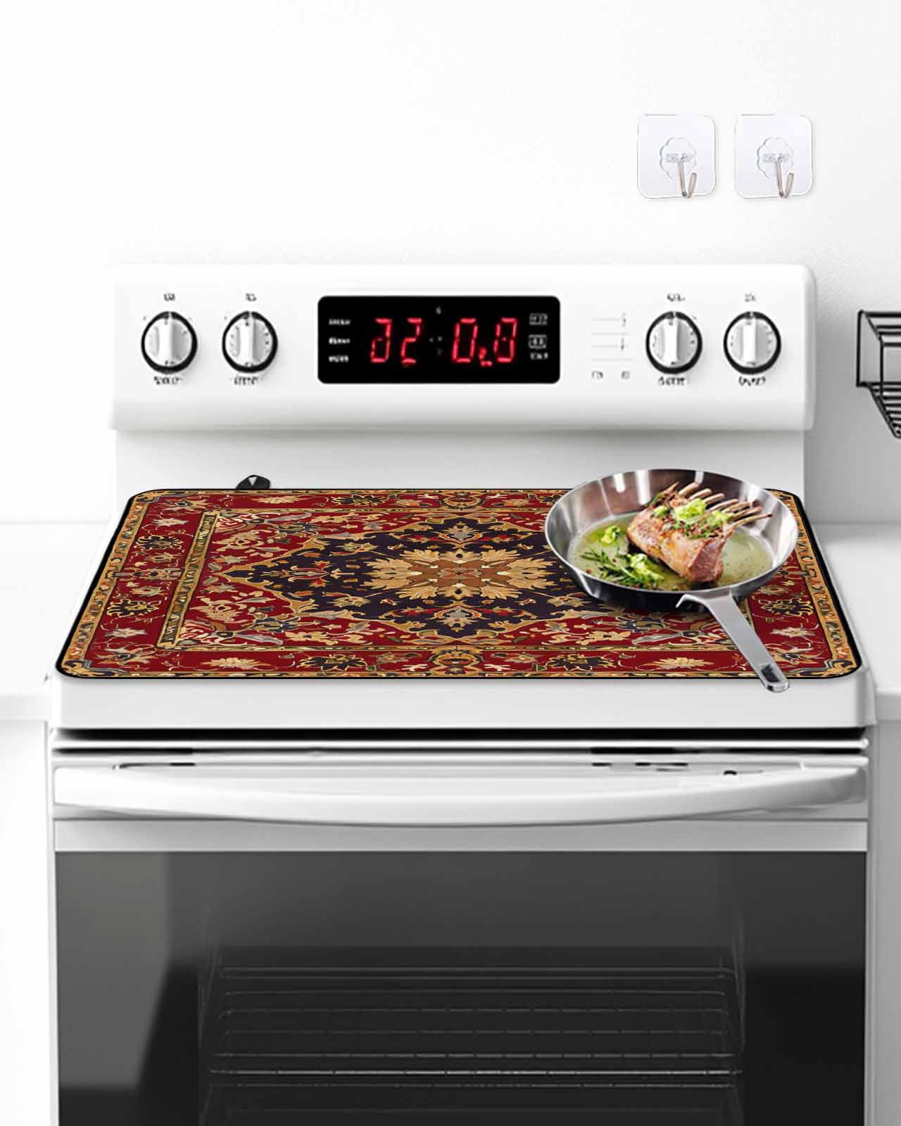 Stove Top Covers for Electric Stove, Red Boho Glass Stovetop Cover Protector, Contemporary Abstract Ethnic Vintage Geometric Induction Cooktop Protector Oven Mat for Kitchen Countertop 24"x21"