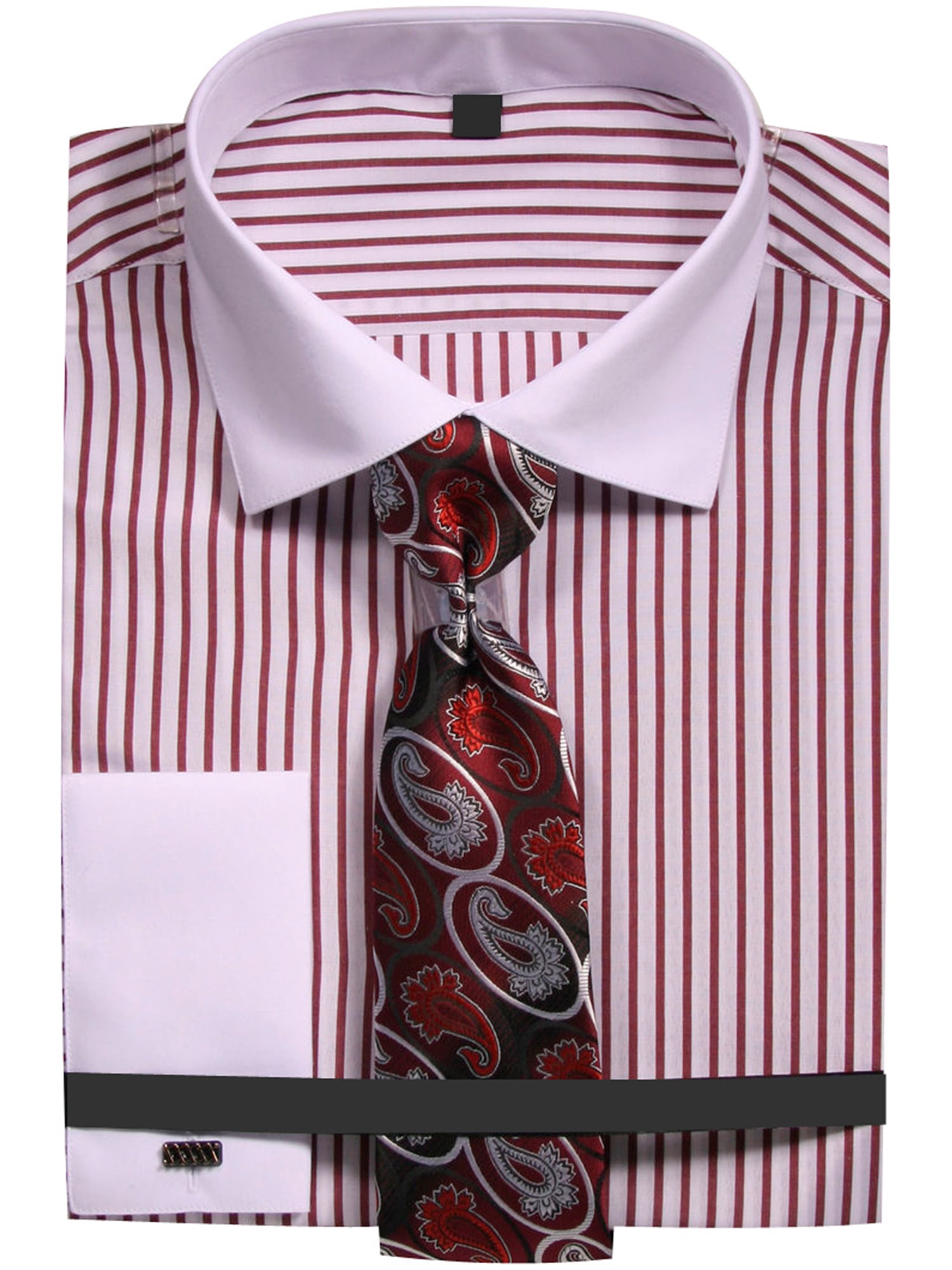 Men/'s Berlioni Business French Cuff Tie Set White Dress Shirt And Red Tie