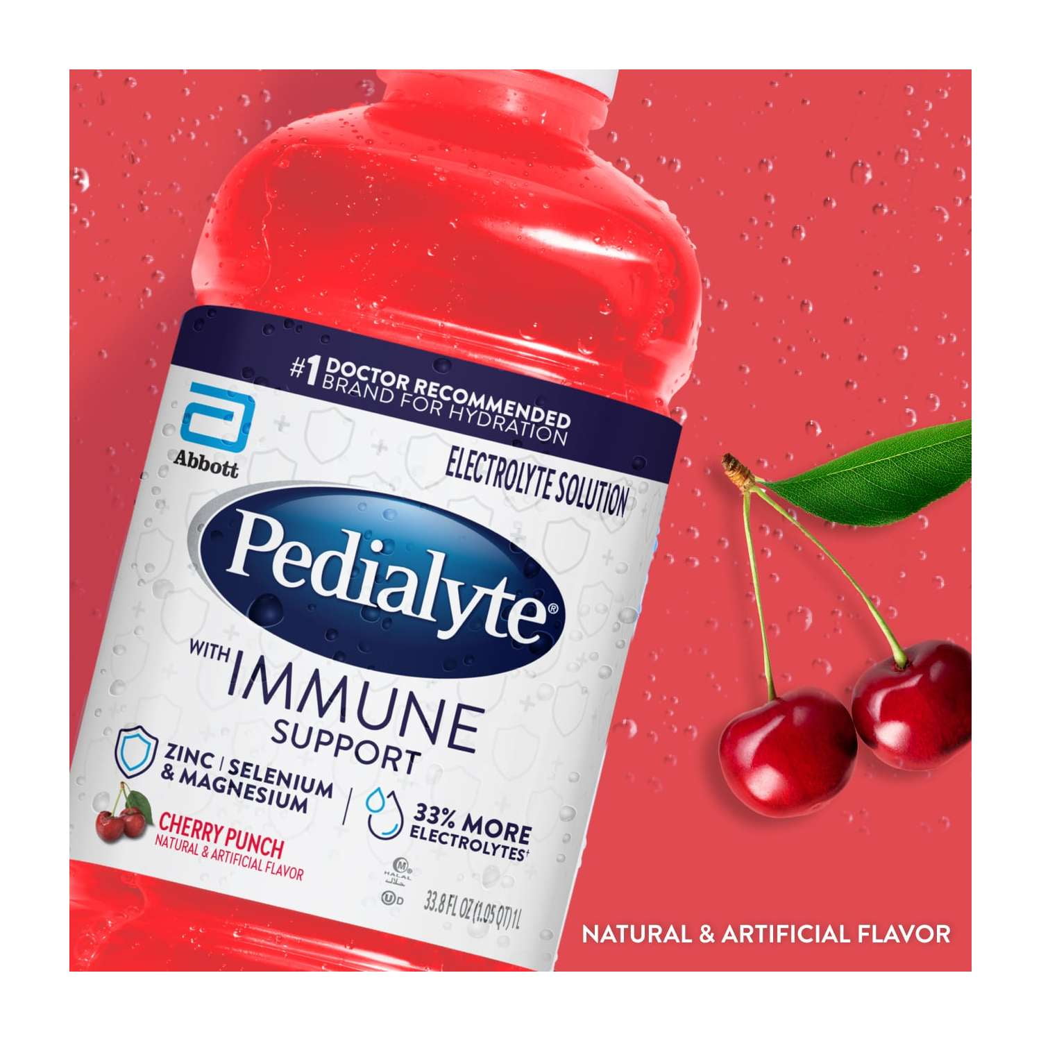 (4 pack) Pedialyte with Immune Support Electrolyte Drink, Cherry Punch, 1 Liter