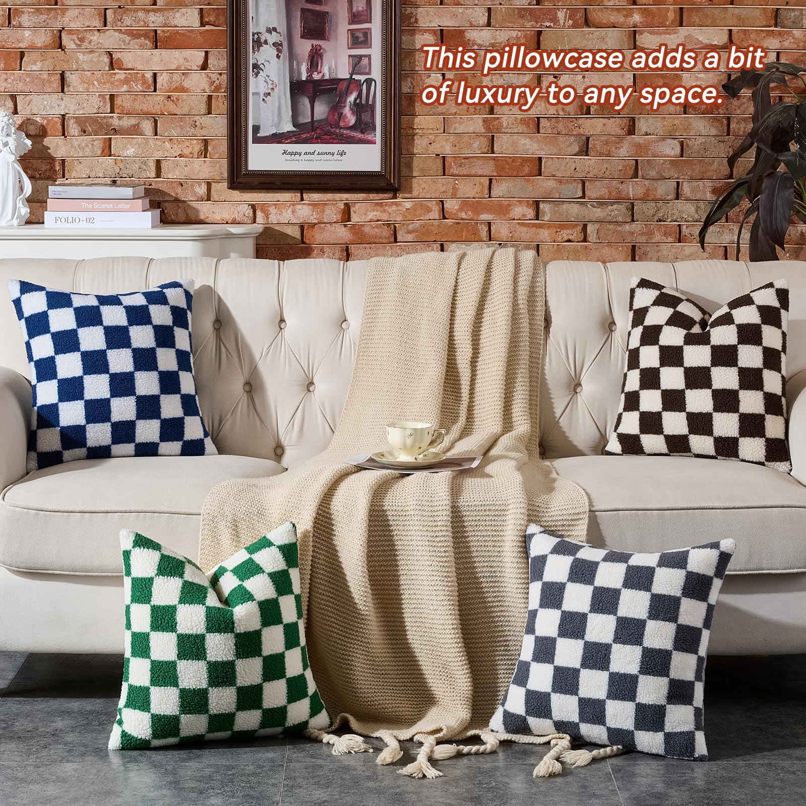 Lanola Pack of 2 Decorative Throw Pillow Covers Checkerboard Luxury Super Soft Faux Fur Wool Set Case Cushion for Couch Sofa Bedroom 18 x 18-Inch Camel