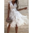 thumbnail image 6 of Women's Lace V-Neck Ruffle Dress with Tiered Belted Detail featuring 100% Polyester Fabric for Elegant Party Wear, 6 of 9