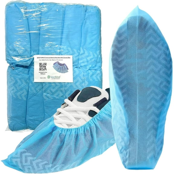 100 PCs (50Pairs) Disposable Non-Woven PP Shoe Covers by VASTMED – 100% Non-Latex, Blue, One Size Fits Most, for Indoor & Outdoor Shoe Protection