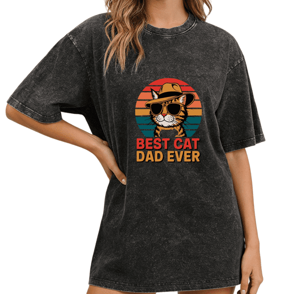 Black Washed Best Cat Dad Ever Vintage Distressed Cat Print Tshirt Graphic Tees Shirts Gift For Cat Dad S-2XL Tops