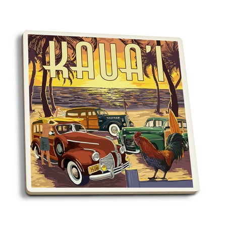 

Kauai Woodies on the Beach with Rooster (Absorbent Ceramic Coasters Set of 4 Matching Images Cork Back Kitchen Table Decor)