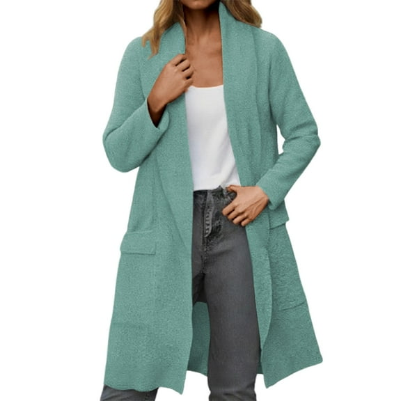 Arlun Long Cardigans for Women Casual Lightweight Solid Color Long Sleeve Open Front Knitted Cardigan Fashion Lapel Design Fall Winter Loose Soft Comfort Coat with Pocket Green XS