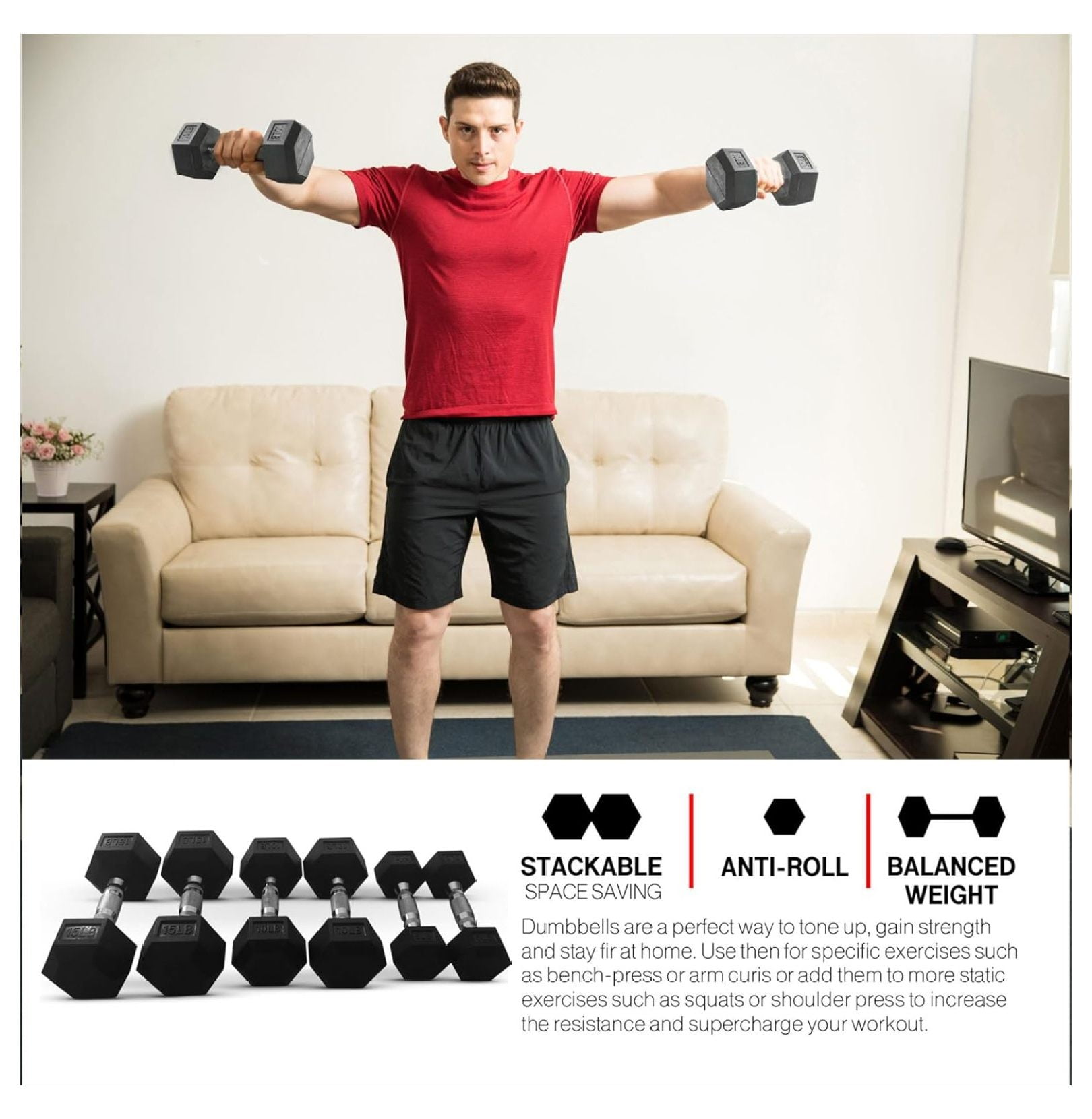 Iron Hexagonal Cast Exercise Dumbbell Free Weight with Contoured Textured Grip for Home Gym Exercise and Strength Training