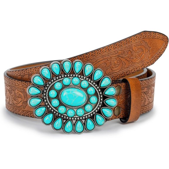 Western Cowgirl Belt for Women, Engraved Tooled Leather Belt Turquoise Cowboy Country Belt