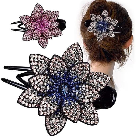 2 Pack Luxury Fancy Glitter Sparkly Crystals Rhinestones Decorative Plastic Flower Hair Claws Clips Floral Barrettes Bun Hairpins Clamps Korean Hair Accessories for Women Girls Thick Long Hair
