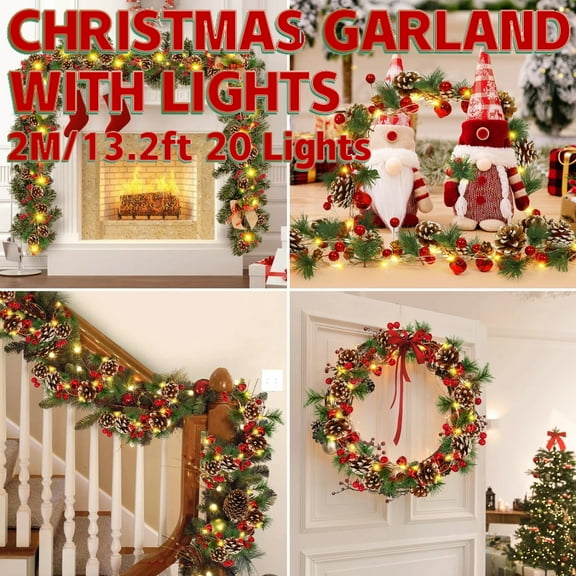 6.7FT Christmas Garlands with 20 Lights, Pine Cones Berry Christmas Decorations Artificial Garlands, Flash/Steady on Two Lighting Modes, Christmas Gifts Garlands for Home Decorations