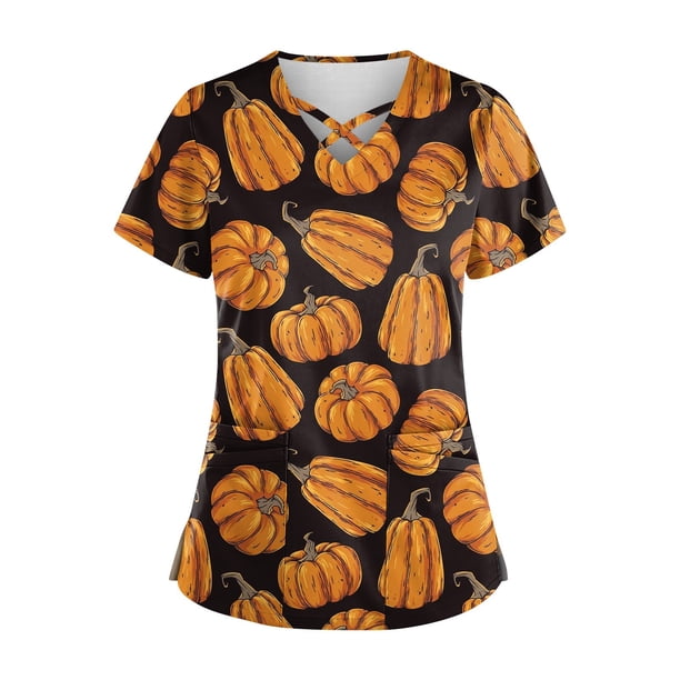 Uniforme de trabajo con estampado de Halloween para mujer, uniforme de trabajo protector con cuello en V y bolsillo