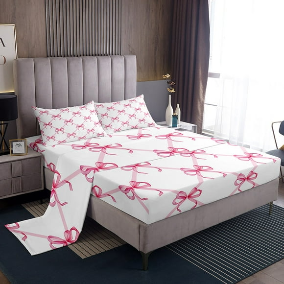 Erosebridal Kawaii Bowknot Bed Sheets Twin For Kids,Geometric Buffalo Bedding Sets Twin Size,Princess Room Decorative,Lightweight,3pcs