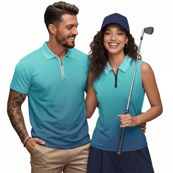 HUIACONG Couples Matching Golf Shirts for Men Quarter Zip Collared Short Sleeve Quick Dry Breathable Athletic Mens Shirts Sleeveless Golf Tops for Women for Daily Golfing Vacation Blue Gradient Man S