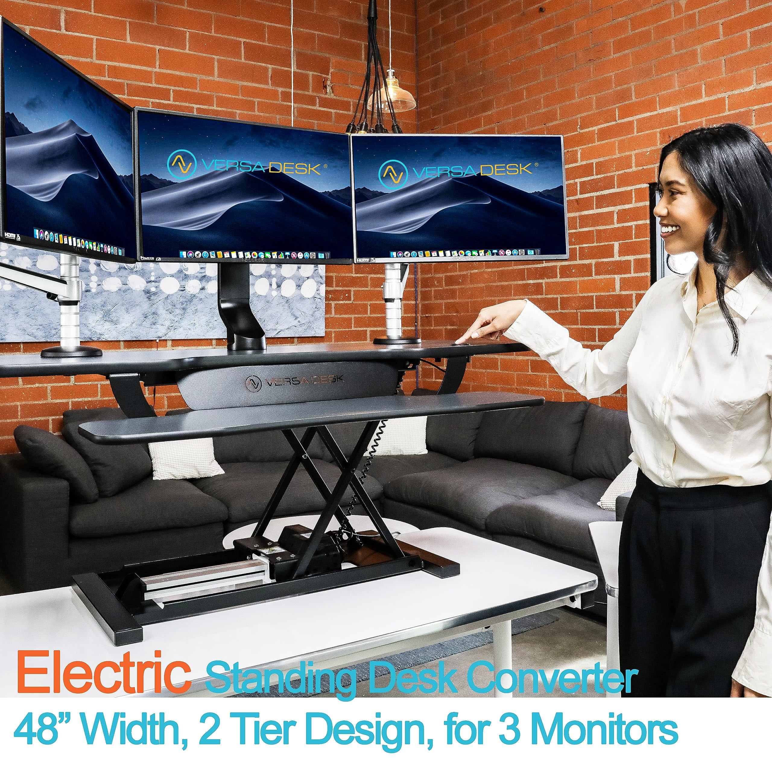 VersaDesk® 48"x24" Extra Wide Electric Height Adjustable Standing Desk Converter for Multi Monitor & Laptop Workstations, Black, w/ USB Charging Port