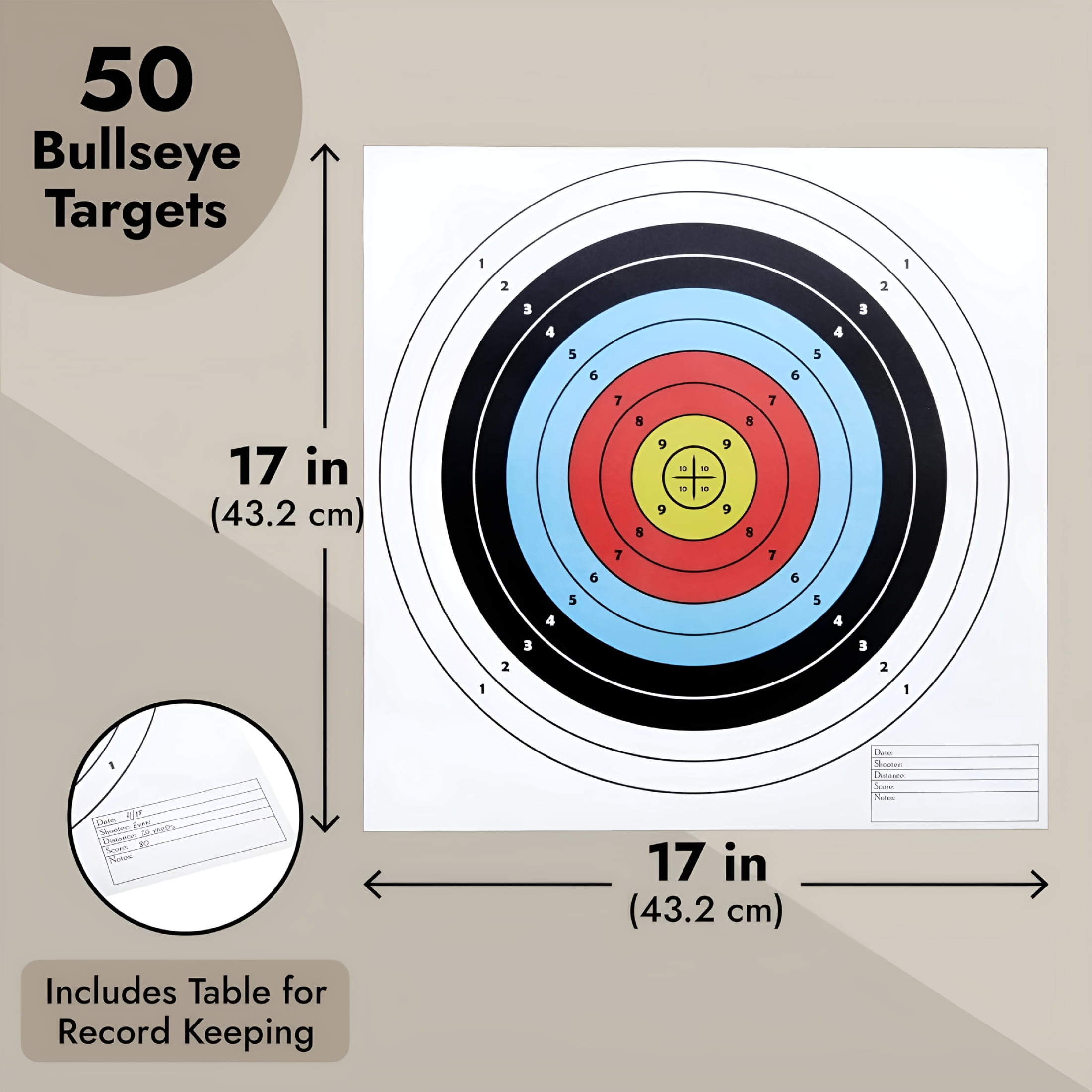 BESTSKY Paper Targets for Shooting-17 X 17 In,50-Pack-10-Ring 5-Color Bullseye Targets for Shooting Range&Pistol Practice-Archery&Airsoft Accessories