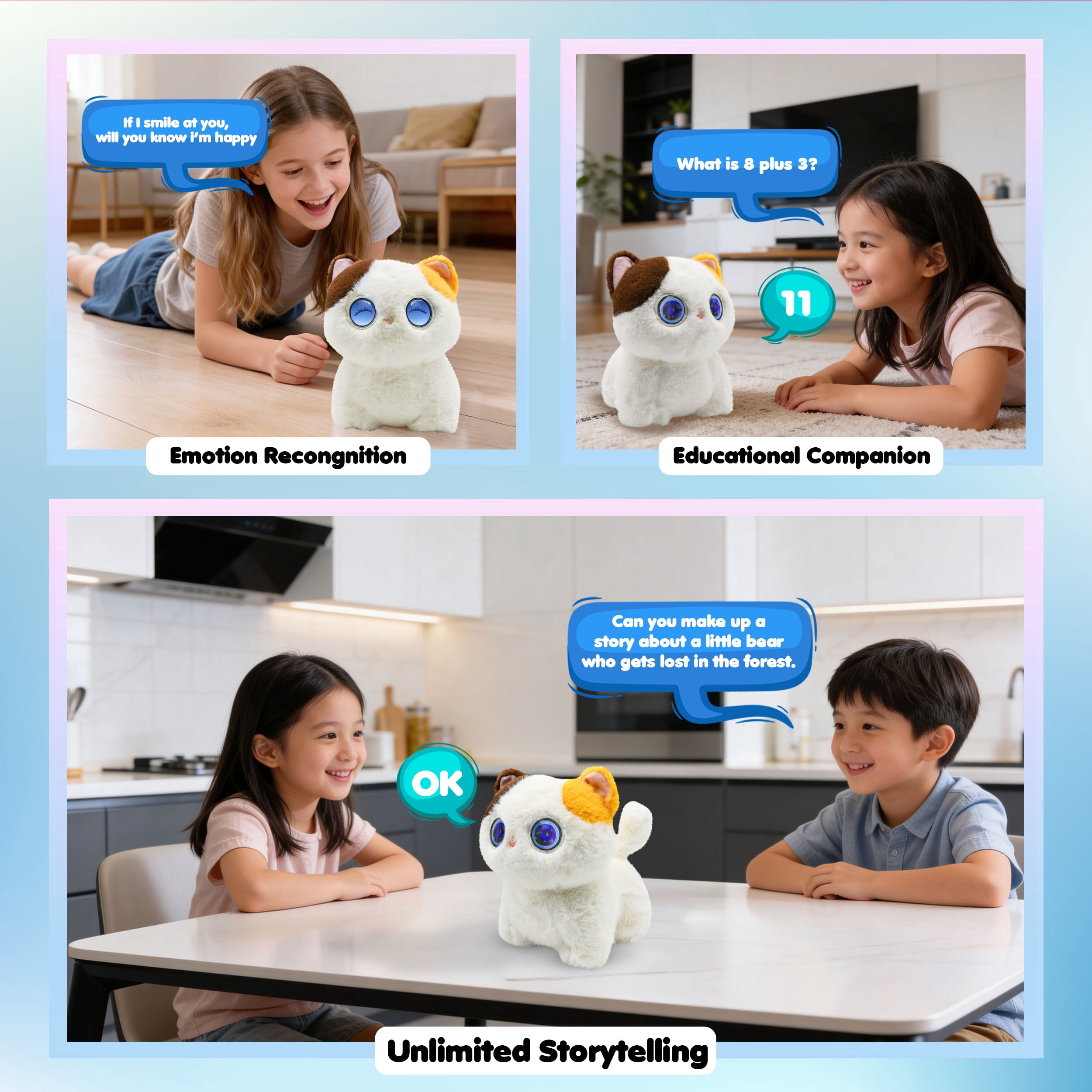AI Pixie Paw Smart Interactive Plush Cat Voice Responsive Touch Activated Expressive Eyes AI Companion Stuffed Animal for Kids and Pet Lovers, White