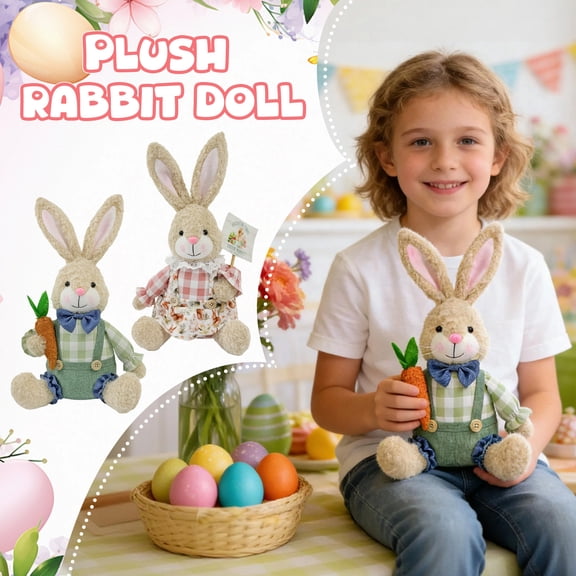 Easter Plush Rabbit Dolls with Carrot Accent for Home Table Mantel Decor Perfect for Easter Party Pastoral Farmhouse Spring Decoration