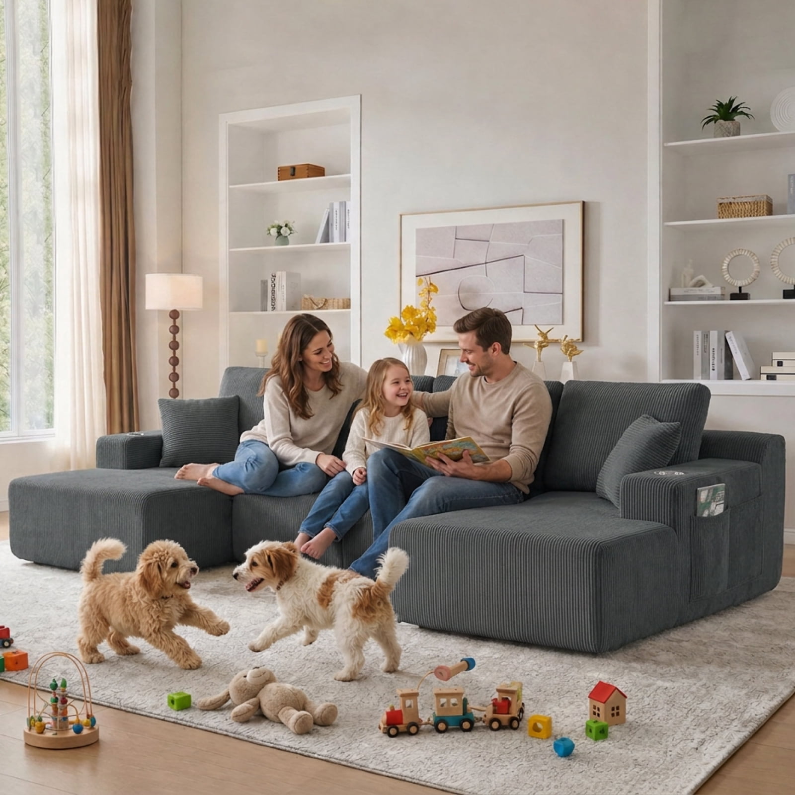 130" U-Shaped Boneless Modular Sectional Sofa with Chaise, 6 Pillows and Cup Holders