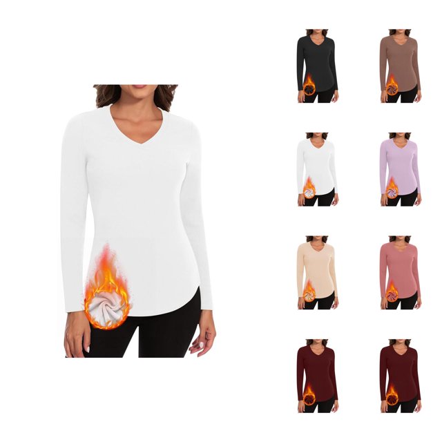 Womens Long Sleeve Tops 2026 Fall Winter Basic V Neck Fitted Breathable Undershirt T Shirt
