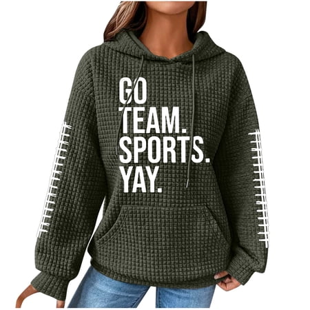 Virmaxy 2024 Fashion Women s Baseball & Letter Print Hoodies Loose Fit Waffle Knit Sweatshirt with Pocket for Fall Winter Green-5 L