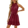 thumbnail image 3 of Frontwalk Women Swing Dress Lace Up Mini Sleeveless Tank Ladies Loose Short Halter Neck Claret L, 3 of 9