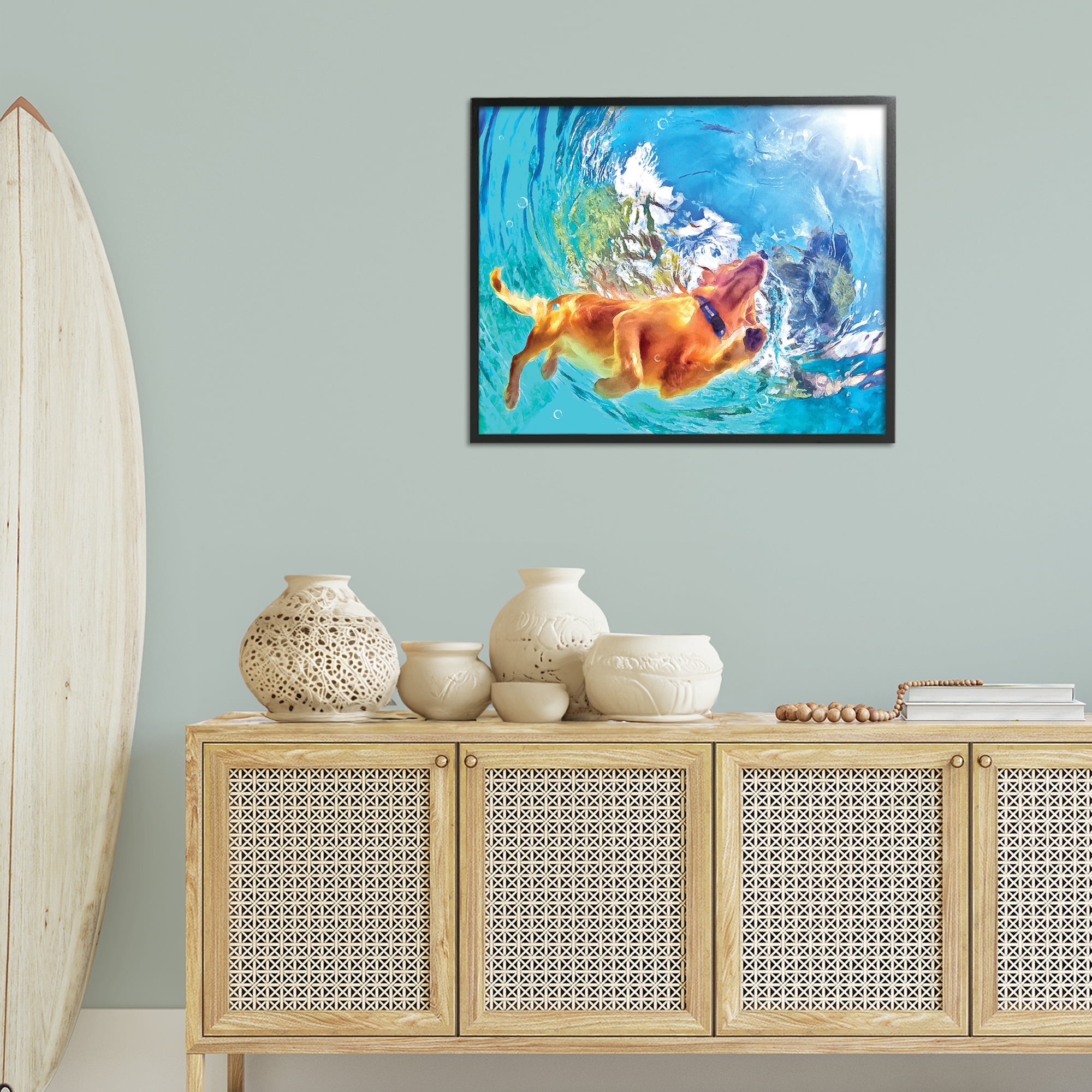 Stupell Industries Underwater Swimming Dog Animals & Insects Painting Black Framed Art Print Wall Art, 30 x 24